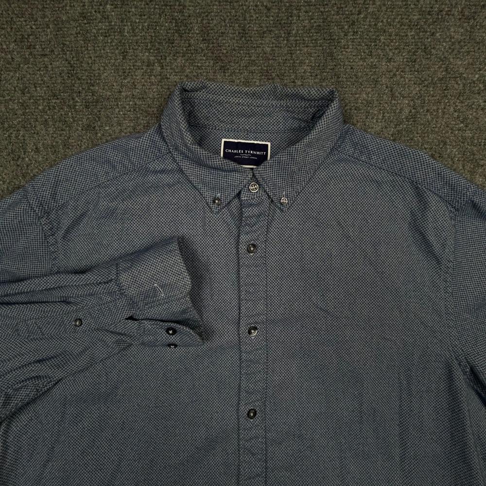 Charles Tyrwhitt Button Down Mens XL Blue Micro Pattern Classic Fit Cotton Shirt